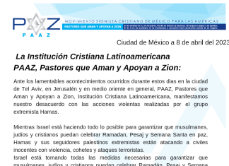 Carta manifiesto por parte de PAAZ, en contra de las acciones terroristas, y a favor de la nación de Israel
