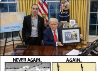 A la izquierda una imagen de supervivientes del Holocausto con la leyenda “Nunca más” y a la derecha su imagen al ser liberado con la leyenda “Otra vez”.