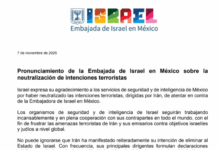 Embajada de Israel expresa su agradecimiento a servicios de seguridad y de inteligencia de México por neutralizar las intenciones terroristas en su contra